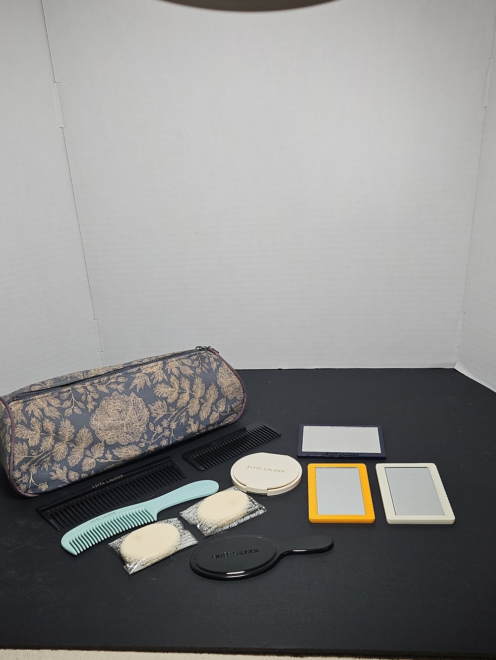 Vintage Estee Lauder Navy Floral Zip Cosmetic Case, Mirrors & Combs